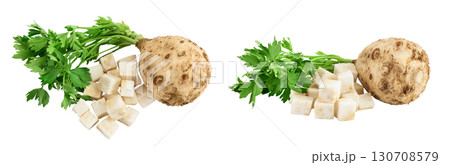 Fresh celery root with leaf isolated on white background. Top view. Flat lay. Fresh celery root with leaf isolated on white background. Top view. Flat lay. 130708579