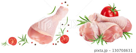 Raw chicken leg or drumstick isolated on white background with full depth of field. Top view. Flat lay Raw chicken leg or drumstick isolated on white background with full depth of field. Top view. Flat lay 130708631