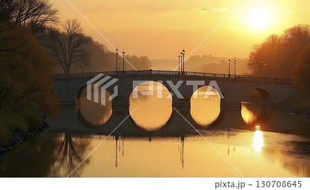 Golden Sunrise Over Bridge And Calm River 130708645