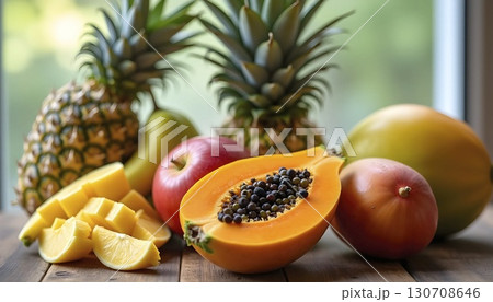 Assorted Tropical Fruits On Rustic Wooden Table 130708646