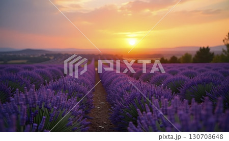 Lavender Field Blooming Under Golden Sunset Sky Lavender Field Blooming Under Golden Sunset Sky 130708648