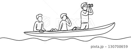 Three men in a boat looking through binoculars water 130708659