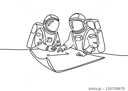 Two astronauts studying a map in continuous line art Two astronauts studying a map in continuous line art 130708670