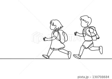 Two children running with backpacks in continuous line art 130708684