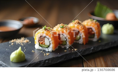 Fresh sushi rolls on black stone plate 130708686