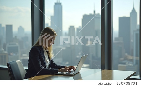Businesswoman working on laptop in modern office 130708701