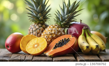 Fresh Tropical Fruits Arranged On Rustic Wooden Table 130708702