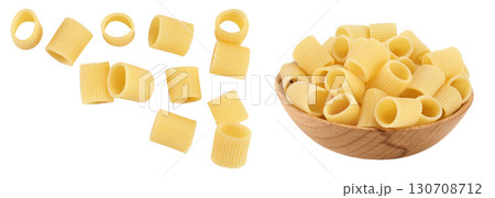 raw italian pasta isolated on white background. Mezze Maniche Rigate Bronze die. Top view with copy space for your text. Flat lay 130708712