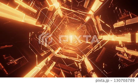 A bright orange tunnel with a glowing light at the end 130708789