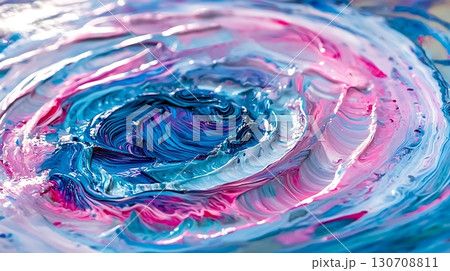 A painting of a blue and pink swirl with a blue center 130708811