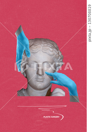 Sculpture of young woman and hands on female face, preparing for face lifting procedure. Concept - plastic surgery Sculpture of young woman and hands on female face, preparing for face lifting procedure. Concept - plastic surgery 130708819