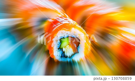 A sushi roll with a piece of avocado and a piece of salmon 130708859
