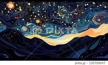 A painting of a starry night sky with mountains in the background 130709047