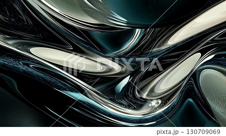 A black and white abstract painting with a silver and white swirl 130709069