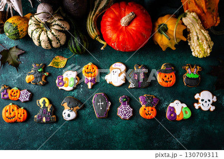Halloween cookies in shape of ghost, jack-o-lantern and skull 130709311