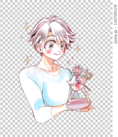 Smiling man holding a figurine Smiling man holding a figurine 130709329