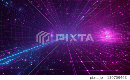 A vibrant, futuristic tunnel with glowing pink and blue lights creates a sense of depth and motion, resembling a sci-fi wormhole or digital data stream. 130709468