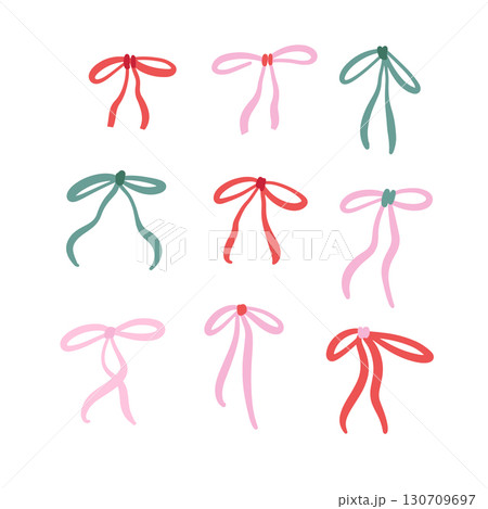 Set of trendy hand drawn bows, simple flat ribbons knots. Coquette Bows doodles, hand drawn vector design. Set of trendy hand drawn bows, simple flat ribbons knots. Coquette Bows doodles, hand drawn vector design. 130709697