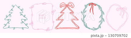Hand drawn linear drawing Merry Christmas vintage frames set. Xmas borders with ribbons and bows, christmas wreath, Christmas lights garland. Minimalist design elements in coquette doodle style. Hand drawn linear drawing Merry Christmas vintage frames set. Xmas borders with ribbons and bows, christmas wreath, Christmas lights garland. Minimalist design elements in coquette doodle style. 130709702
