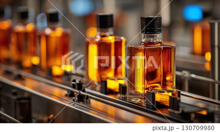 Amber liquid filled bottles move on a conveyor belt. A sleek manufacturing process. The bottles lined up, reflecting light, showing quality control. 130709980