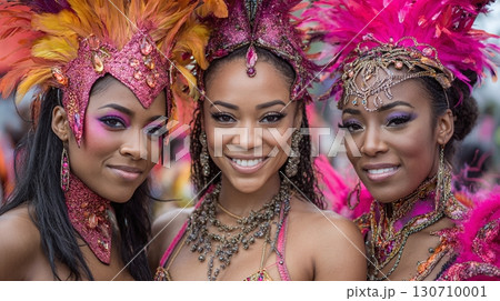 Carnival Queens: Three women adorned in vibrant, feathered costumes with sparkling headdresses at a cultural festival. Celebration and beauty. 130710001