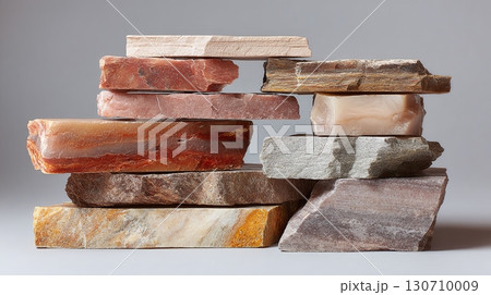 A stack of varied stones and minerals in neutral colors. Earthy tones and textures combine to create an eye-catching arrangement of geological specimens. 130710009