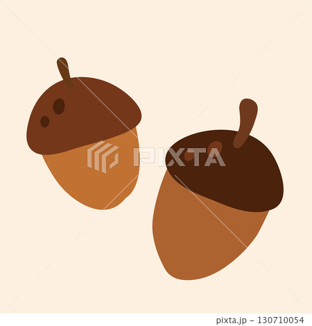 Minimal flat style illustration of two brown acorns with simple shapes and warm autumn colors. Perfect for seasonal designs, fall decor, greeting cards, patterns, stickers, and cozy illustrations. Minimal flat style illustration of two brown acorns with simple shapes and warm autumn colors. Perfect for seasonal designs, fall decor, greeting cards, patterns, stickers, and cozy illustrations. 130710054
