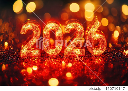 Glowing 2026 numerals on a festive background with vibrant lights Glowing 2026 numerals on a festive background with vibrant lights 130710147