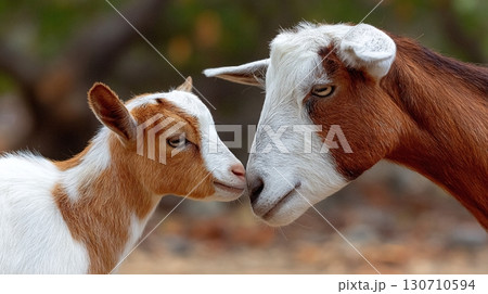 A tender moment: A goat mother and her kid touching noses in a loving embrace, showcasing their gentle connection in a natural setting. 130710594