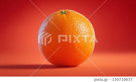 A vibrant orange fruit with a textured peel stands out against a complementary red background, creating a striking contrast and depth in the composition. A vibrant orange fruit with a textured peel stands out against a complementary red background, creating a striking contrast and depth in the composition. 130710637