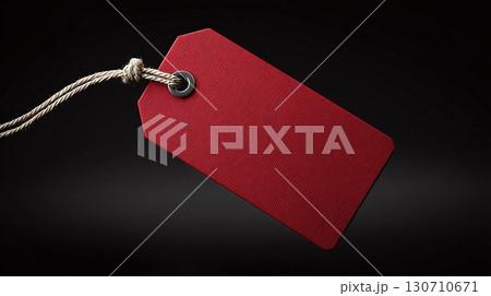 Red tag attached with a twine. Isolated against a dark backdrop, it has a textured surface. Perfect for labeling, pricing or gifting applications. 130710671