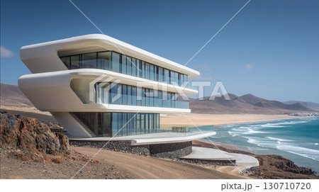 Coastal Modern Architecture: A stunning multi-story building with rounded features overlooks the ocean, blending design with a desert landscape. 130710720