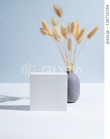 Dried fluffy herbs in a gray vase next to a simple empty  white box on a blue background. 130710784