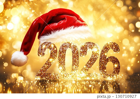 Golden 2026 with festive Santa hat and sparkling background 130710927