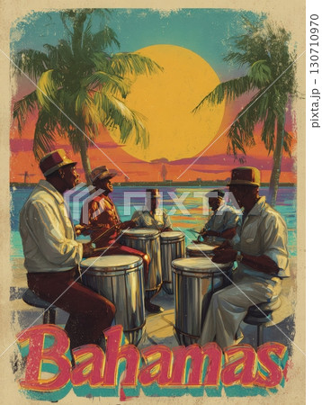 Five musicians play drums near the water as the sun sets behind them, casting a warm glow over the palm trees and creating a vibrant tropical atmosphere. 130710970