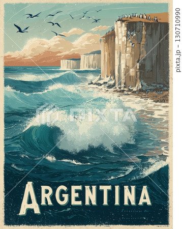 Beautiful cliffs rise over the ocean in Argentina where waves crash against the rocky shore. Birds soar in the sky as the sun sets, creating a stunning coastal view that captures natures beauty. 130710990
