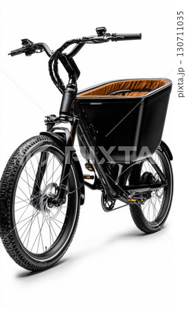 Modern black cargo bike with wooden basket for urban commuting and eco-friendly transport 130711035