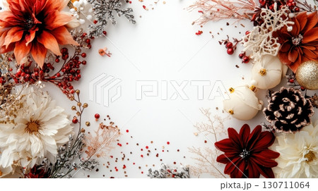 Festive floral arrangement with autumn and winter elements on white background 130711064