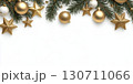 Festive christmas border with gold ornaments and pine branches on white background 130711066