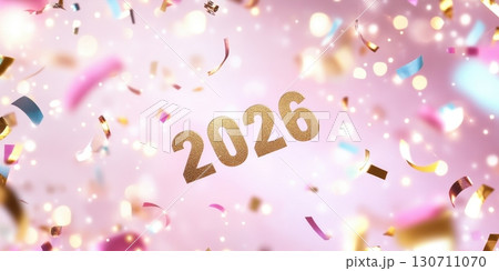 Golden 2026 celebration with colorful confetti on pink background 130711070