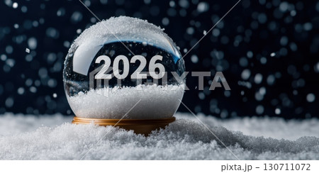 2026 snow globe with falling snowflakes on a dark background 130711072