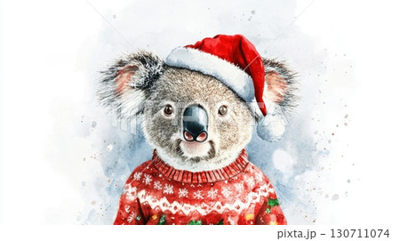 Koala in festive santa hat and christmas sweater with watercolor style 130711074