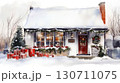 Cozy snow-covered cottage with holiday decorations and gifts 130711075