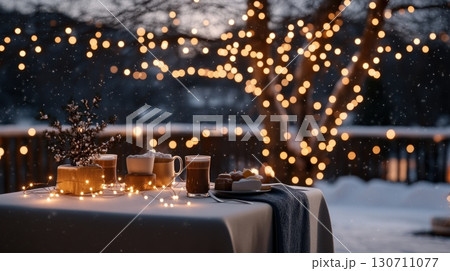 Cozy winter evening: warm beverages and sweet treats on snowy outdoor table with string lights 130711077