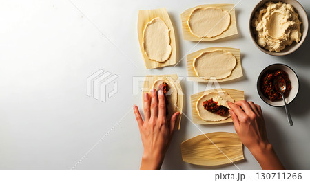 Hands assembling dough on corn husks with a meat filling, surrounded by a bowl of dough, creating a warm and inviting scene of traditional food preparation in a home kitchen 130711266