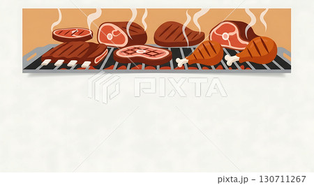 Grilled meats on a barbecue, steam rising from steaks, ribs, chicken legs, and chops. Juicy, sizzling texture with grill marks, evoking a sense of savory cooking outdoors 130711267