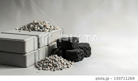 Concrete blocks stacked on the left with small pebbles piled on top and scattered in front. Dark charcoal briquettes form a small pile to the right. The background is plain 130711269