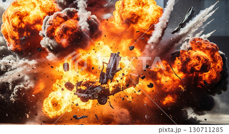 Fiery explosion engulfing car debris, sending smoke and flames skyward in a dramatic display of destruction. Pieces of metal and fragments scatter around the intense blast 130711285