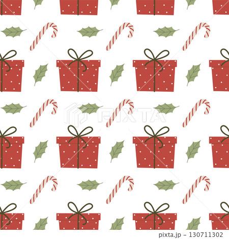 Seamless Christmas Pattern with Gift Boxes, Candy Canes and Holly Leaves, Cute Winter Holiday Background Seamless Christmas Pattern with Gift Boxes, Candy Canes and Holly Leaves, Cute Winter Holiday Background 130711302