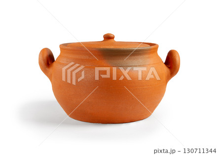 A handmade clay pot with a lid, on a white background, traditional craftsmanship, Georgian clay tableware, isolate, 130711344